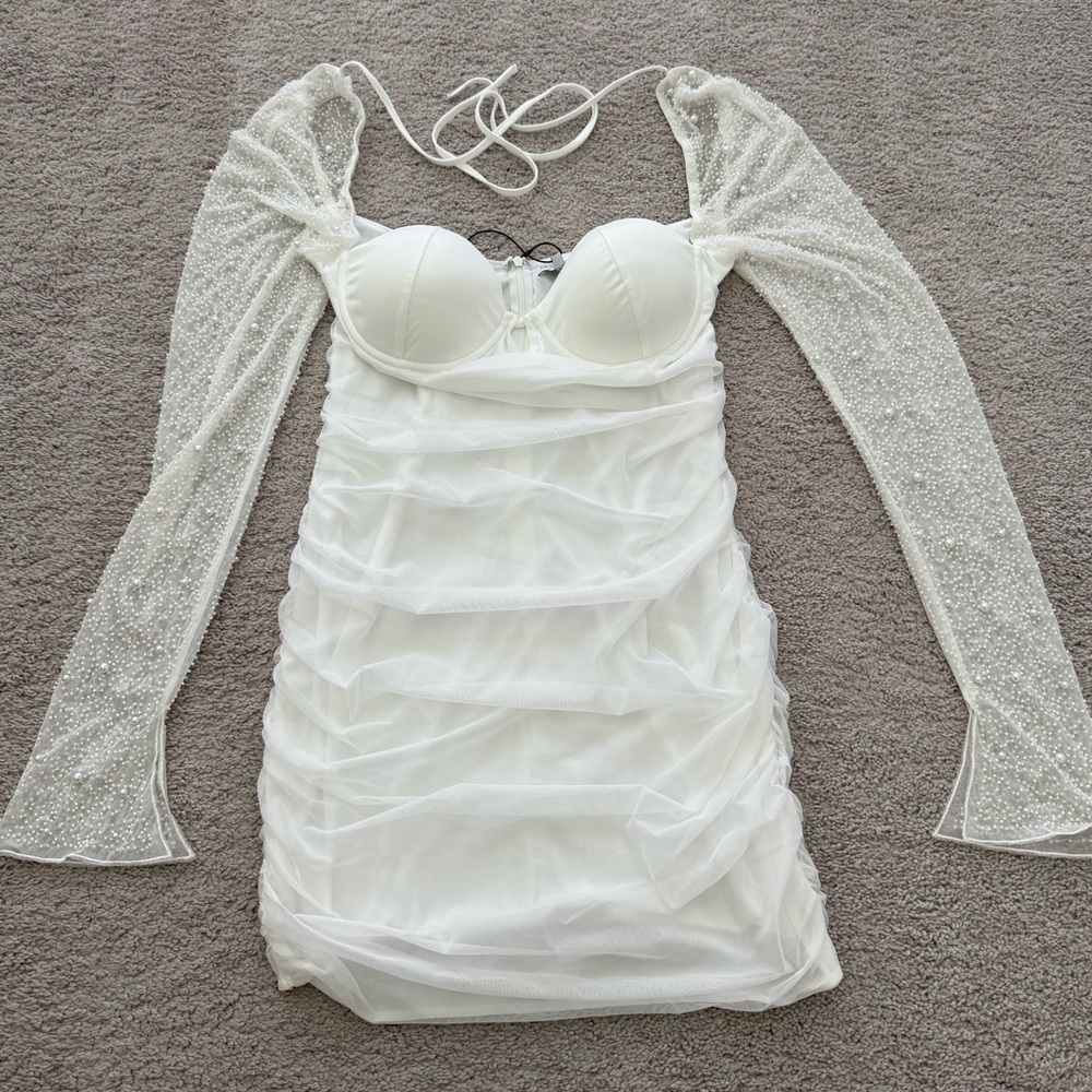 Fashion Nova White Princess Beaded Mini Dress